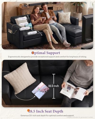 TYBOATLE Black Sectional Couches w/Side Pockets for Living Room