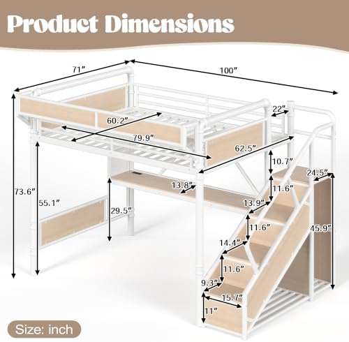 KEIKI Queen Size Metal Loft Bed Frame with Storage Staircase, Desk, White