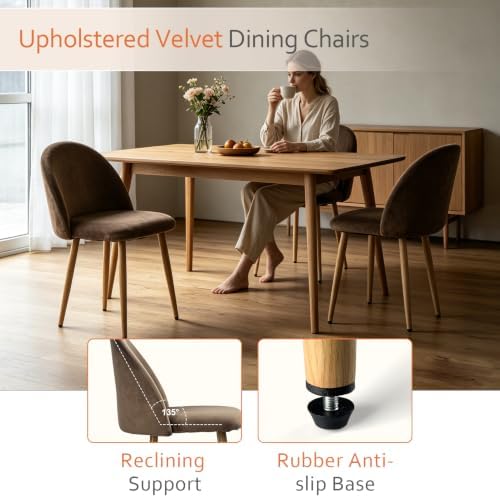 Big Dining Room Chairs Set of 2, Velvet Modern Kitchen Chairs with Metal Legs & Ergonomic Curved Backrest, Mid-Century Side Chairs Accent Chairs for Living Room, Apartment, Home Bar, Brown