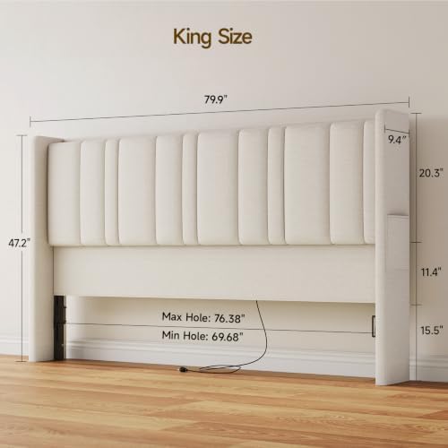 ONBRILL King Size Headboard with Storage, LED Light, Off White
