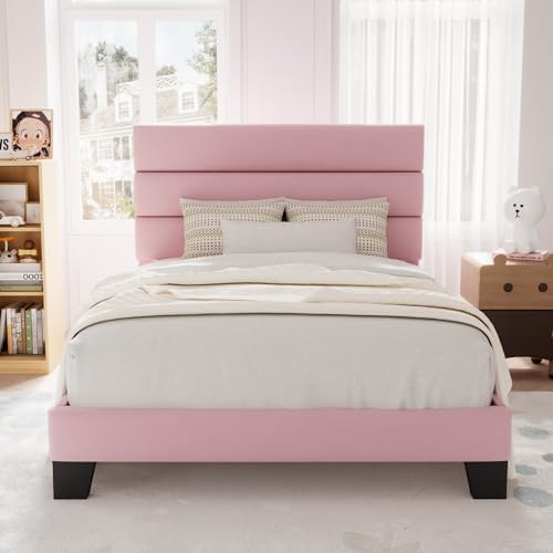 Allewie Twin Size Platform Bed Frame with Velvet Upholstered Headboard Pink