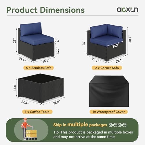 Aoxun 7 Piece Patio Furniture Set Wicker Rattan Patio Sectional Sofa Set Outdoor Seating Furniture with Thickened Cushion, Navy Blue