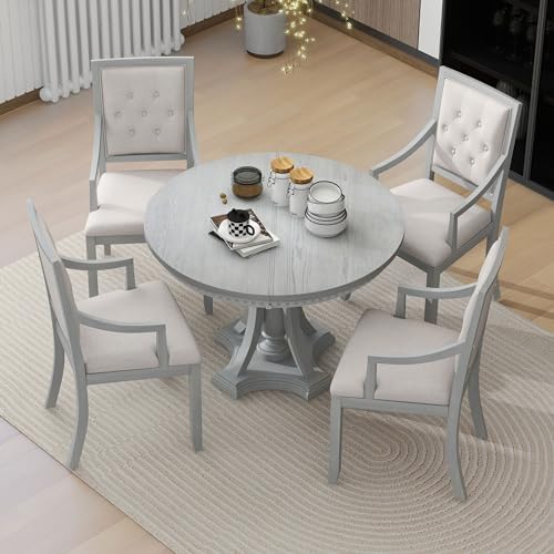 LUMISOL 5-Piece Solid Wood Dining Table Set for 4, Extendable Round Kitchen Table Set with 4 Upholstered Chairs, Farmhouse Table and Chairs Set for Kitchen, Dining Room, Antique Grey