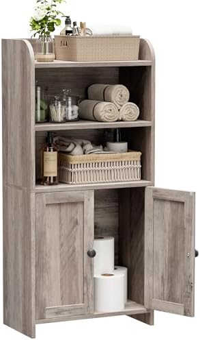 Homhedy Small Bathroom Storage Cabinet, Toilet Paper Storage Cabinet | Bathroom Floor Cabinet with Doors and Shelves, Bathroom Organizers for Small Spaces, 7.9" D x 14.6" W x 31" H, Greige