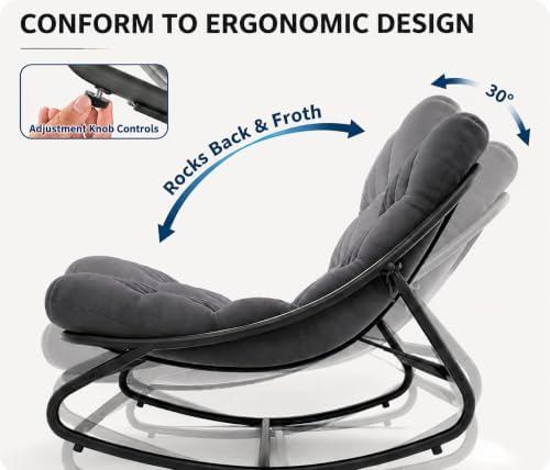 Patio Outdoor Papasan Rocking Chair with Thick Cushion, Dark Gray