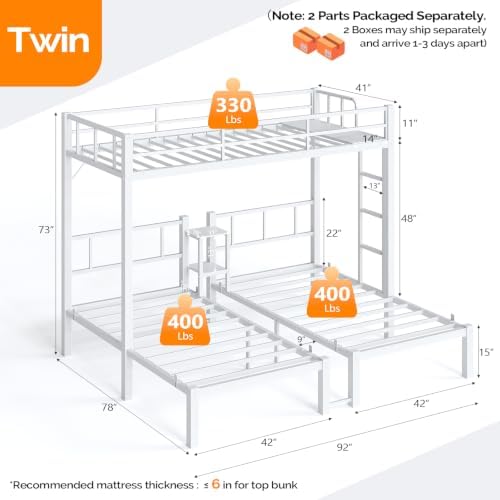Bonnlo Metal Triple Bunk Bed Twin Over Twin Over Twin,3 Bunk Beds with Shelves for Kids,Teens and Adults, Detachable 3 Person Bed, No Box Spring Needed,White