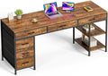 Huuger Computer Desk with 6 Drawers, Office Desk with Shelves, Reversible Gaming Desk, Large Corner Desk with Storage, Work for Home Office, Study, Living Room, 63inch, Rustic Brown