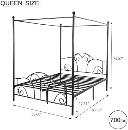 Queen Size Four-Poster Metal Canopy Bed Frame, Black