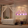 Full Size Canopy Bed Frame with Charging Station and LED Lights