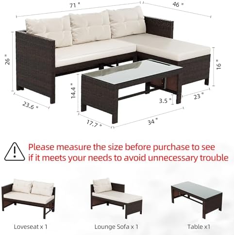 Shintenchi 3 Pieces Outdoor Patio Furniture Set, Wicker Patio Conversation Set, All Weather Wicker Rattan Patio Seating Sofas with Glass Coffee Table and Cushion, Beige
