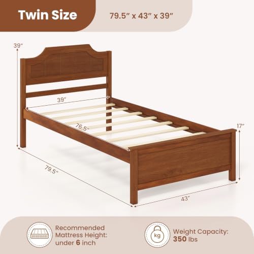 GIANTEX Twin Size Wooden Bed Frame with Headboard, Wood Slat Support