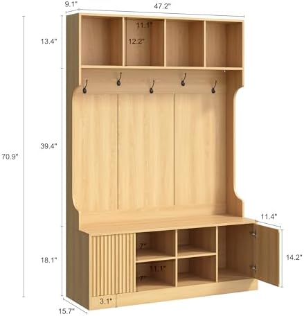 5-in-1 Hall Tree with Bench and Shoe Storage with LED Sensor Light, OAK丨Entryway Coat Rack with Hooks and Storage Cubes, Shoe Cabinet with Fluted Door, Modern Hall Tree for Entryway, Living Room