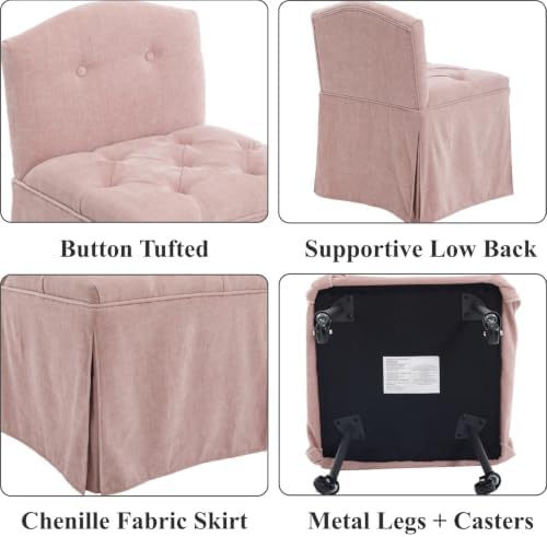Pink Chenille Makeup Vanity Chair with Back & Wheels