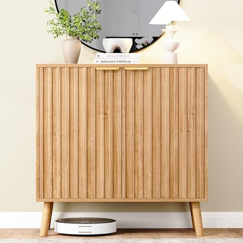Set of 3 Fluted Storage Cabinet, Buffet Cabinet with Storage, Wood Sideboard with Adjustable Shelf, Modern Accent Cabinet & Console Table for Entryway, Living Room, Dining Room, Natural