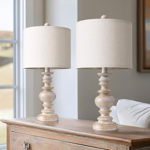 BOBOMOMO 20" Retro Table Lamps Set of 2 - Farmhouse Lamp for Living Room with Linen Shades, Rustic Bedside Nightstand Lamps, Resin Lamps for Bedroom Nursery Room Hallway - Ideal for Compact Spaces