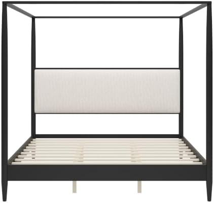 Merax King 4-Poster Wood Canopy Bed with Boucle Headboard, Black