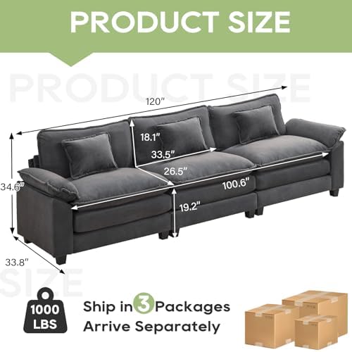 Oprisen 120" Modular Sectional Sofa, Comfy 3 Seater Deep Cloud Couch