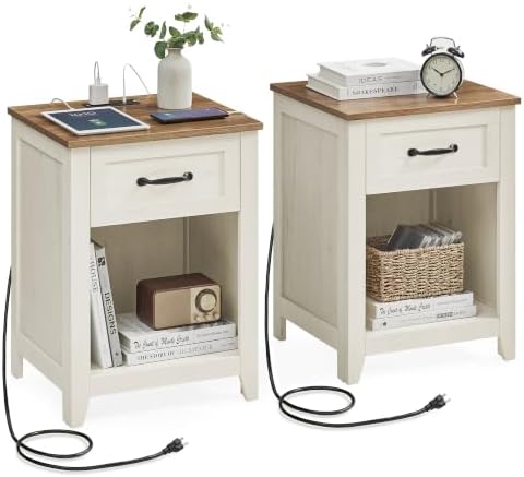 VASAGLE Farmhouse Nightstands with Charging Station, 1 Drawer, Set of 2