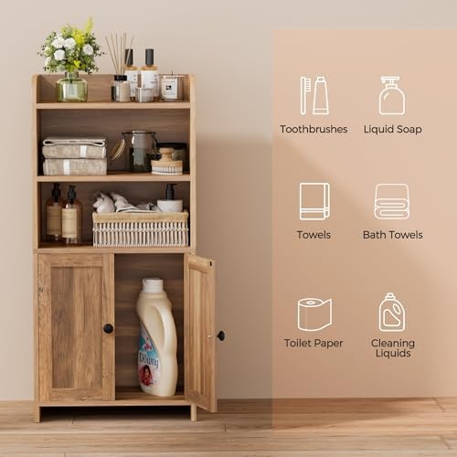 Homhedy Small Bathroom Storage Cabinet, Toilet Paper Storage Cabinet | Bathroom Floor Cabinet with Doors and Shelves, Bathroom Organizers for Small Spaces, 7.9"D x 14.6"W x 31"H, Rustic Walnut
