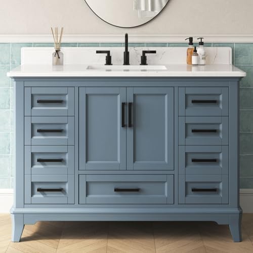 48 Inch Bathroom Vanity with Sink, Modern Steel Blue Bathroom Vanities with Soft Closing Doors & Dovetail Drawers, Quartz Countertop, No Assembly Required