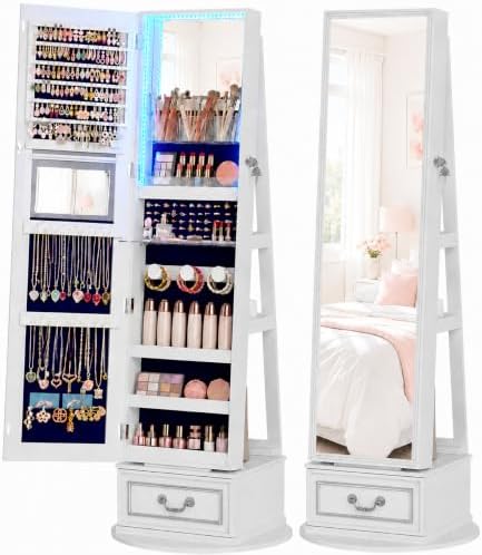 Vlsrka Mirror Jewelry Cabinet Standing with Lights, Lockable, Swivel, White | Standing Jewelry Armoire with Full Length Mirror, Large Jewelry Organizer Storage with Foldable Makeup Shelf, 3 LED Lights