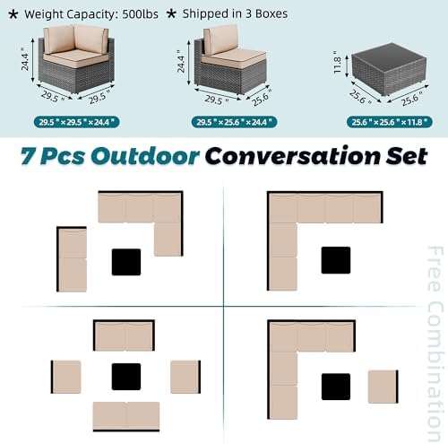 SUNLEI 7pcs Patio Conversation Sets Outdoor Furniture Sets, High Back All-Weather Rattan Sectional Sofa with Tea Table&Washable Couch Cushions(Silver Rattan)(Khaki)