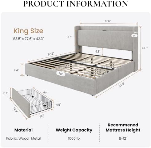 SHA CERLIN King Size Storage Bed Frame with 4 Oversized Drawers, Modern Wingback Headboard with Storage Shelf & Charging Station, No Box Spring Needed, Easy Assembly, Light Beige