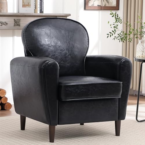 Accent Chair, Faux Leather Mid Century Modern Arm Chairs with Thick Cushion and Back, Comfy Upholstered Reading Chair Single Sofa Chair for Living Room, Bedroom, Club, Black