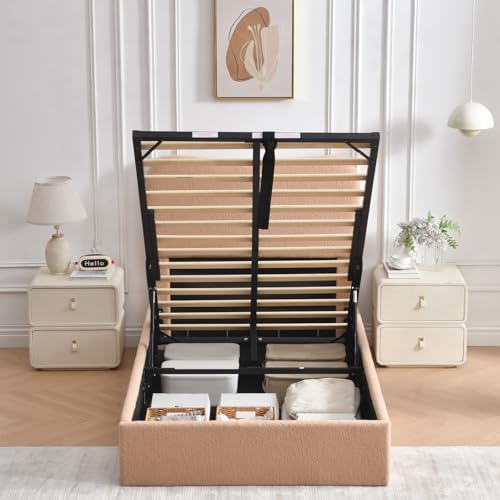 VELOCAVA Twin Size Lift-Up Storage Bed, Modern Upholstered Boucle Bed with Curved Headboard, Gas Lift Platform, Sturdy Wooden Slat Support, No Box Spring Needed, Easy Assembly, Blush Pink-Beige
