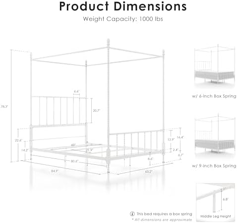 Furniture of America Vaeli Modern Metal Queen Size Four Poster Bed Frame with Spindles, Canopy Bedframe for Bedroom, Guest Room, Box Spring Required, White