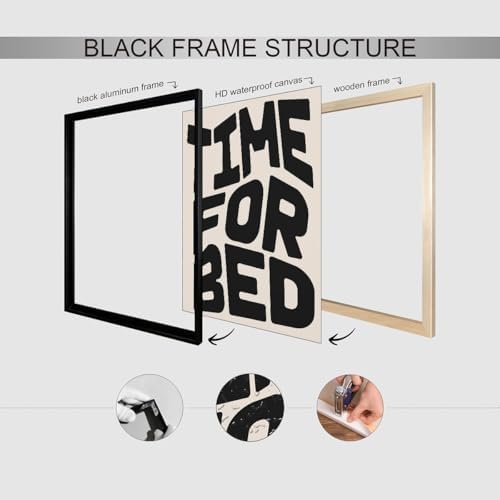 Black And White Time For Bed Poster Funny Quotes Wall Art 24x36 inch Black Framed Trendy Modern Minimalist Canvas Prints for Living Room Bedroom Wall Decor