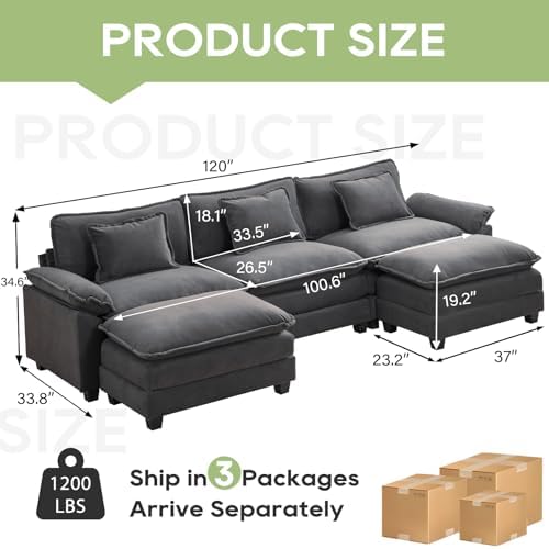 Oprisen 120" Modular Sectional Sofa, Comfy Deep Cloud Couch with Ottoman