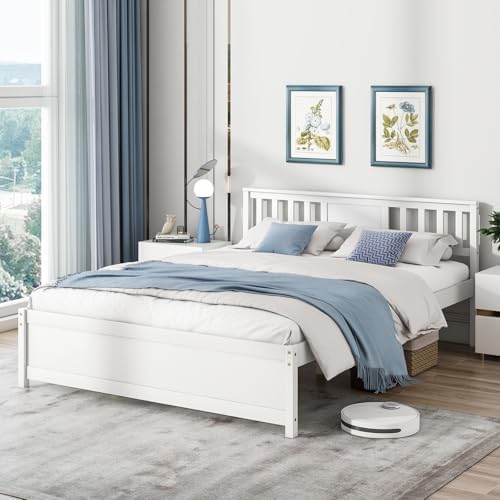 Giantex Queen Size Solid Wood Platform Bed Frame, Mid Century Queen Bed Frame with Headboard, Wooden Slat Support, Queen Panel Bed, No Box Spring Needed, Easy Assembly, White