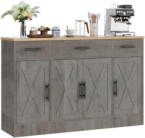 Shintenchi Buffet Cabinet with Storage,53.4" Large Kitchen Storage Cabinet with 3 Drawers and 4 Doors,Wood Farmhouse Buffet Sideboard with Adjustable Shelf for Kitchen Living Room, Gray
