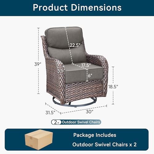 Luxury Wicker Patio Furniture Set-High Back Outdoor Swivel Chairs Set of 2 with 6" Thick Cushions Wide Armrest All Weather Patio Conversation Sets for Deck Porch Balcony(Grey/Grey)