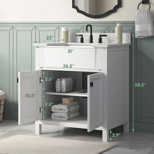 30 Inch White Bathroom Vanity with Sink, Solid Wood | Farmhouse Pre Assembled Vanity Bathroom with Soft Closing Doors, Vanity for Bathroom, Apron Farm Sink