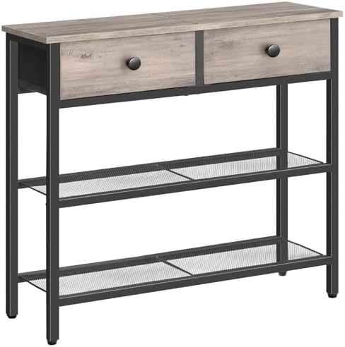 HOOBRO 29.5" Narrow Console Table with 2 Fabric Drawers, Sofa Table, Small Entryway Table with 3-Tier Storage Shelves, Behind Couch Table, for Living Room, Hallway, Greige and Black BG72XG01
