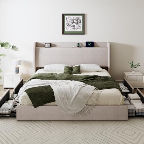 SHA CERLIN King Size Storage Bed Frame with 4 Oversized Drawers, Modern Wingback Headboard with Storage Shelf & Charging Station, No Box Spring Needed, Easy Assembly, Beige