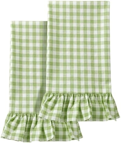 HunnmingRe 2 Pcs Mint Green Gingham Kitchen Towels Cotton Ruffled