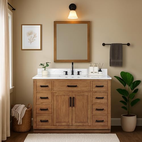 48-inch Dark Walnut Bathroom Vanity with Sink, Solid Wood, 0.79-inch Stone Countertop and Backsplash, 9 Drawers, 2 Soft Closing Doors