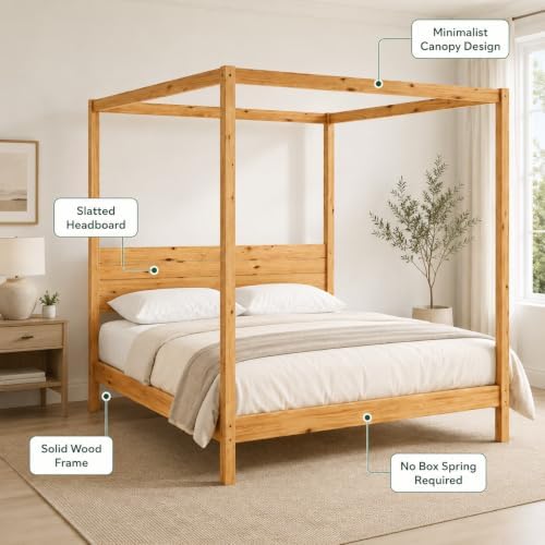 Solid Pine Canopy Bed Frame, King — Natural Pine Painted Finish