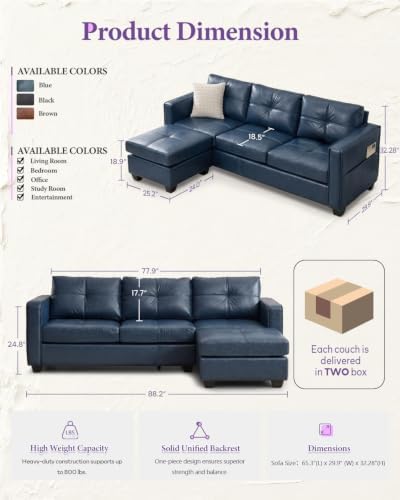 TYBOATLE 88" W Blue Faux Leather L Shaped Sectional Couches w/Side Pockets, Comfy Modular Convertible Sofas w/USB, Office Sofa Set with Chaise for Living Room, Bedroom (Blue, 3L)