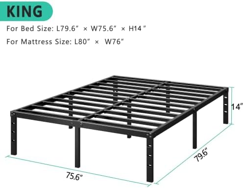HLIPHA Metal Platform Bed Frame 14 Inch Tall,No Box Spring Needed,King Size Bed with Heavy Duty Strong Support Slats,Easy to Assemble,Black