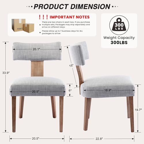 HNY Set of 4 Mid Century Modern Dining Chairs, Farmhouse Linen Fabric Upholstered Accent Chair Curved Backrest Kitchen Chairs, with Hardwood Frame, Grey