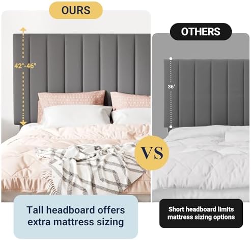 Allewie Queen Size Storage Bed Frame, Vertical Channel Tufted Adjustable Headboard, Velvet Upholstered Platform Bed with 4 Oversized Underbed Drawers, Wooden Slats Support, No Box Spring Needed, Grey