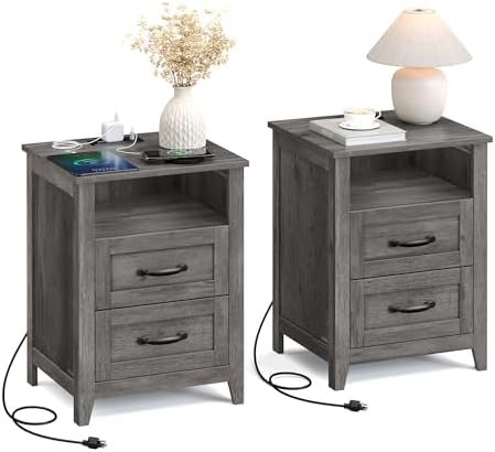 VASAGLE Set of 2 Nightstands with 2 Drawers and Charging Station
