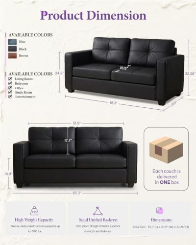 TYBOATLE 65'' Black Faux Leather Loveseat with USB, 2-Seater Living Room