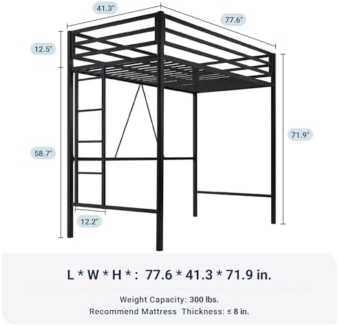 Allewie Metal Loft Bed Twin Size with Guardrail and Ladder,Black