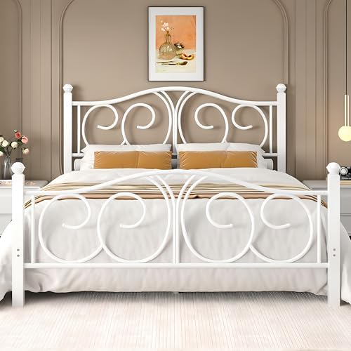 VECELO Queen Size Metal Platform Bed Frame with headboard and Footboard, Heavy Duty Mattress Foundation, Steel Slat Support, No Box Spring Needed, Easy Assembly, Pure White