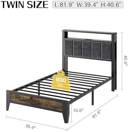 OLEVS Twin Bed Frame with LED Light Storage Headboard and Charging Station Type C, Metal Platform Bed Twin Size,No Box Spring Needed, Noise Free, Easy Assembly